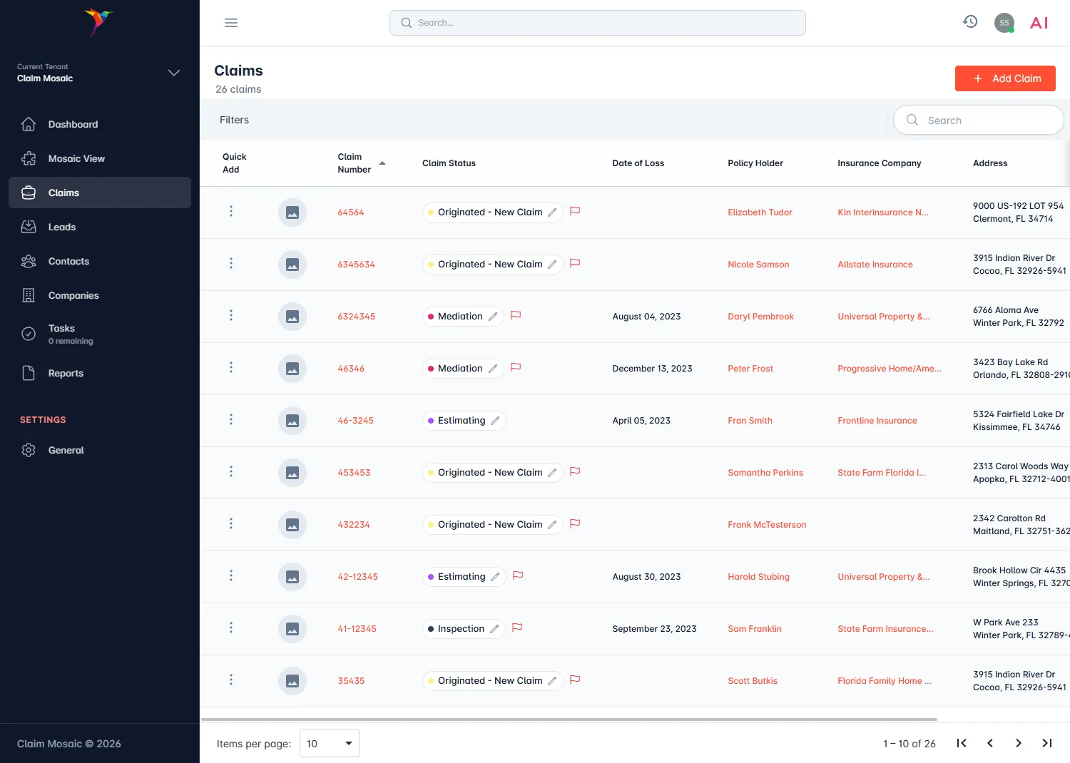 Claim Mosaic claims management dashboard showing claim list and details - Public Adjuster Software
