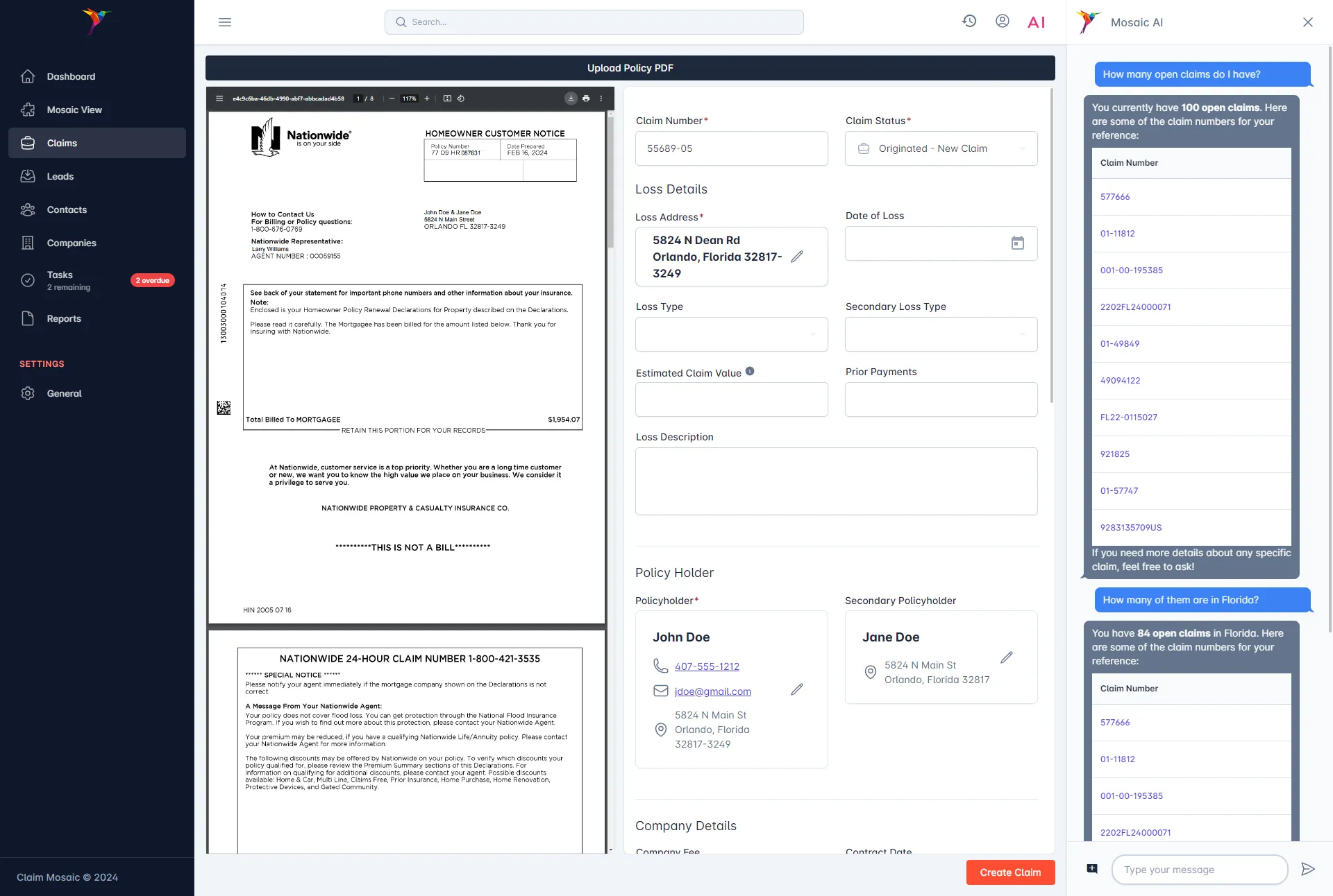 Claim Mosaic Enterprise tier dashboard with AI features for public adjusters