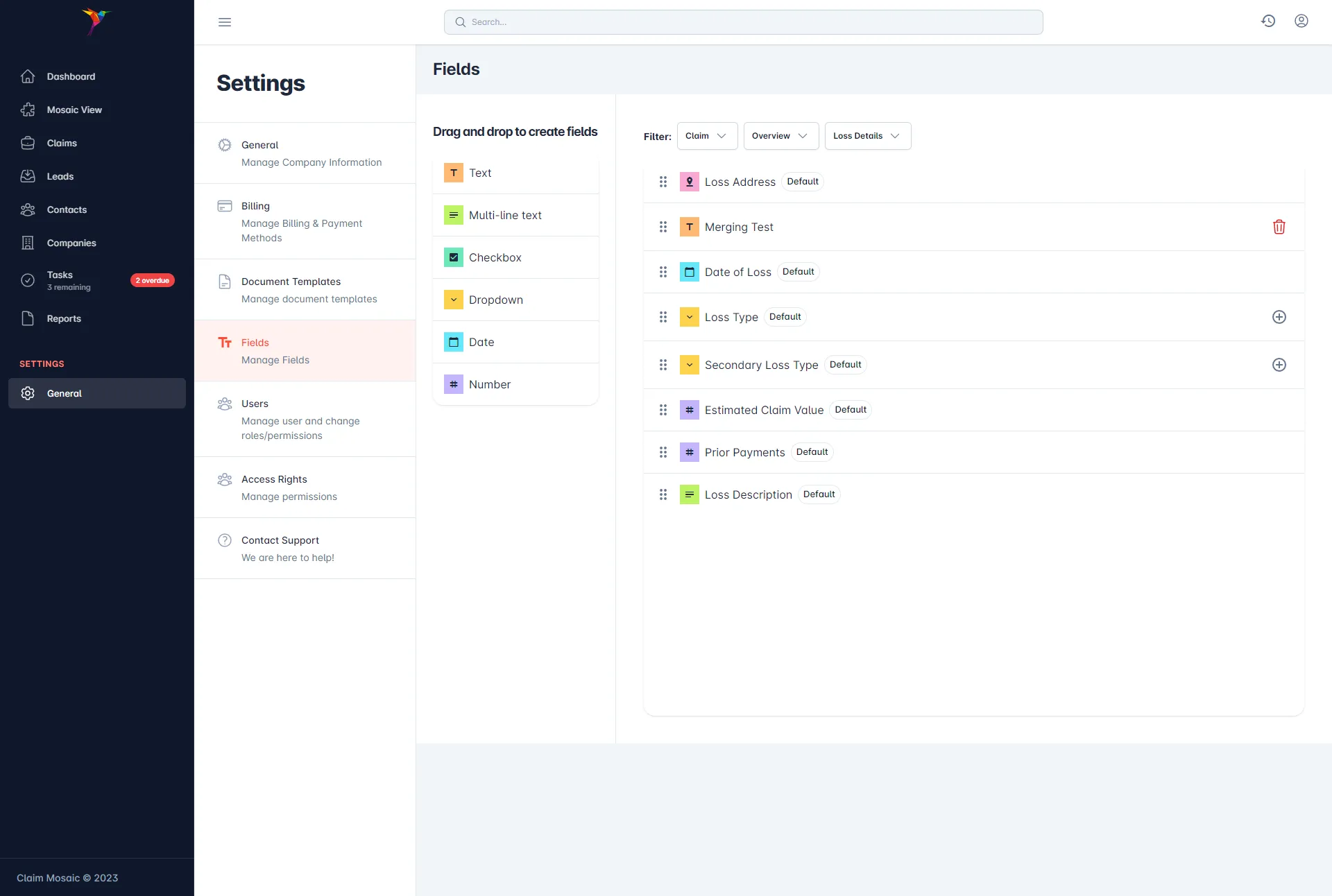 Claim Mosaic Professional tier dashboard - customized public adjuster software