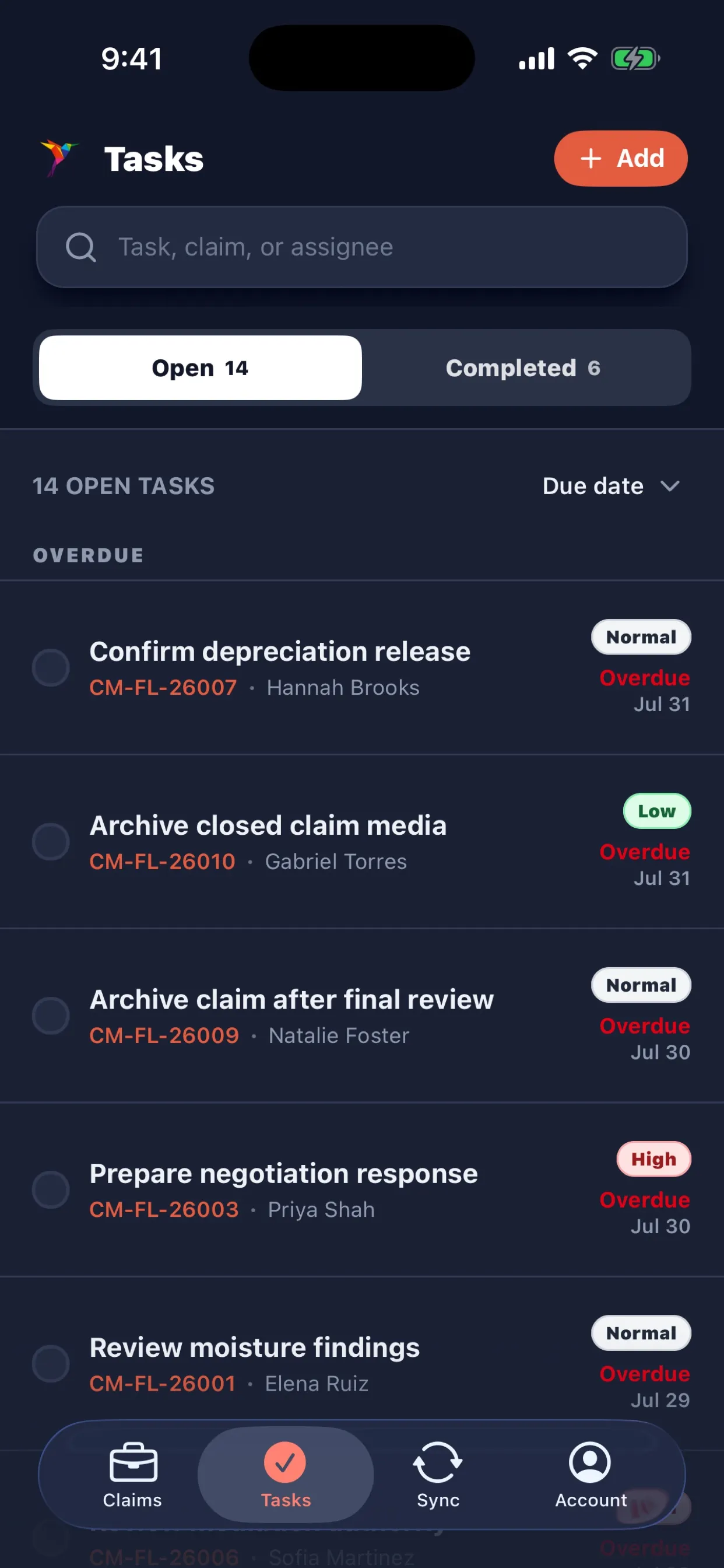 Public adjuster claim task management on a mobile phone
