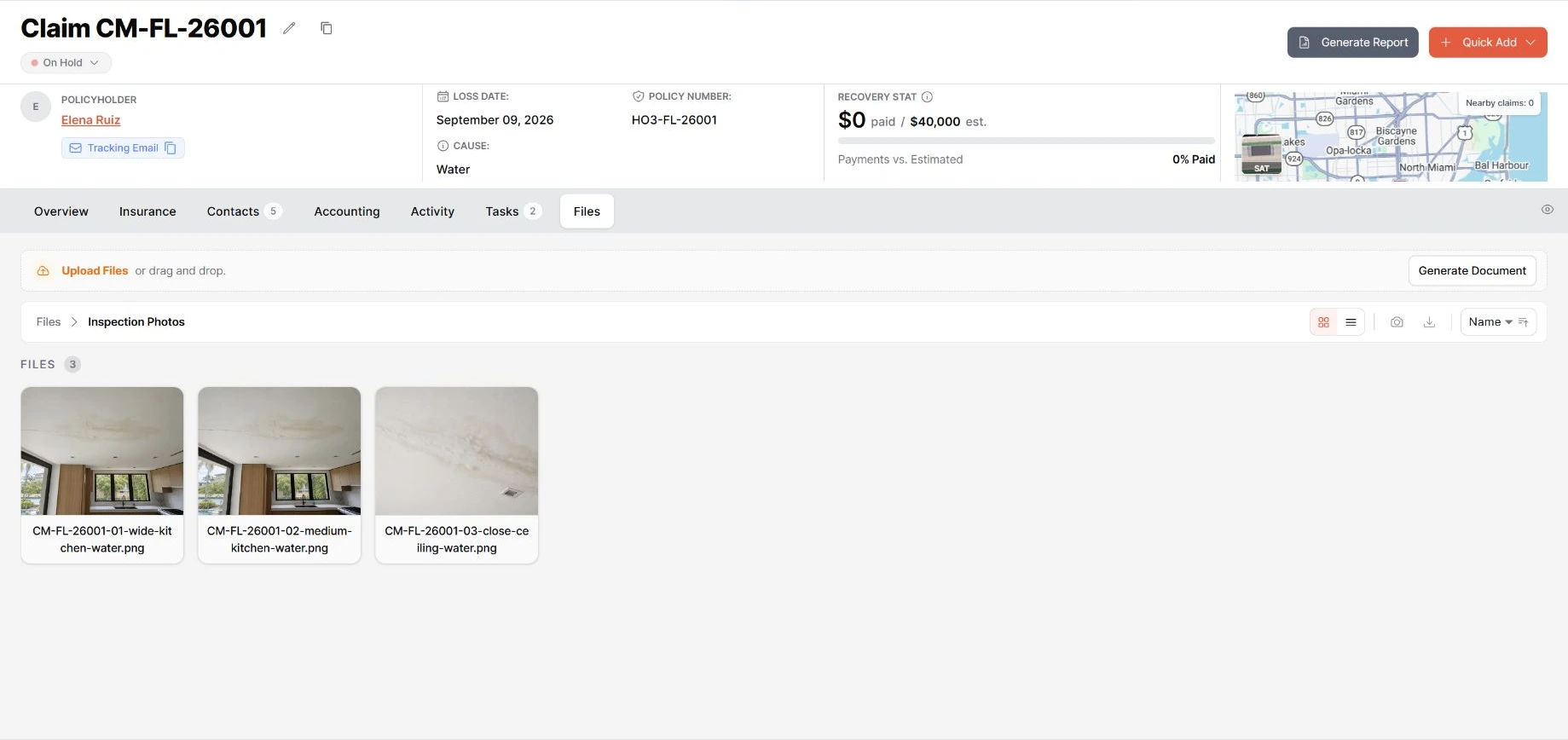 Demo claim CM-FL-26001, Files tab, with an Inspection Photos folder showing kitchen water damage