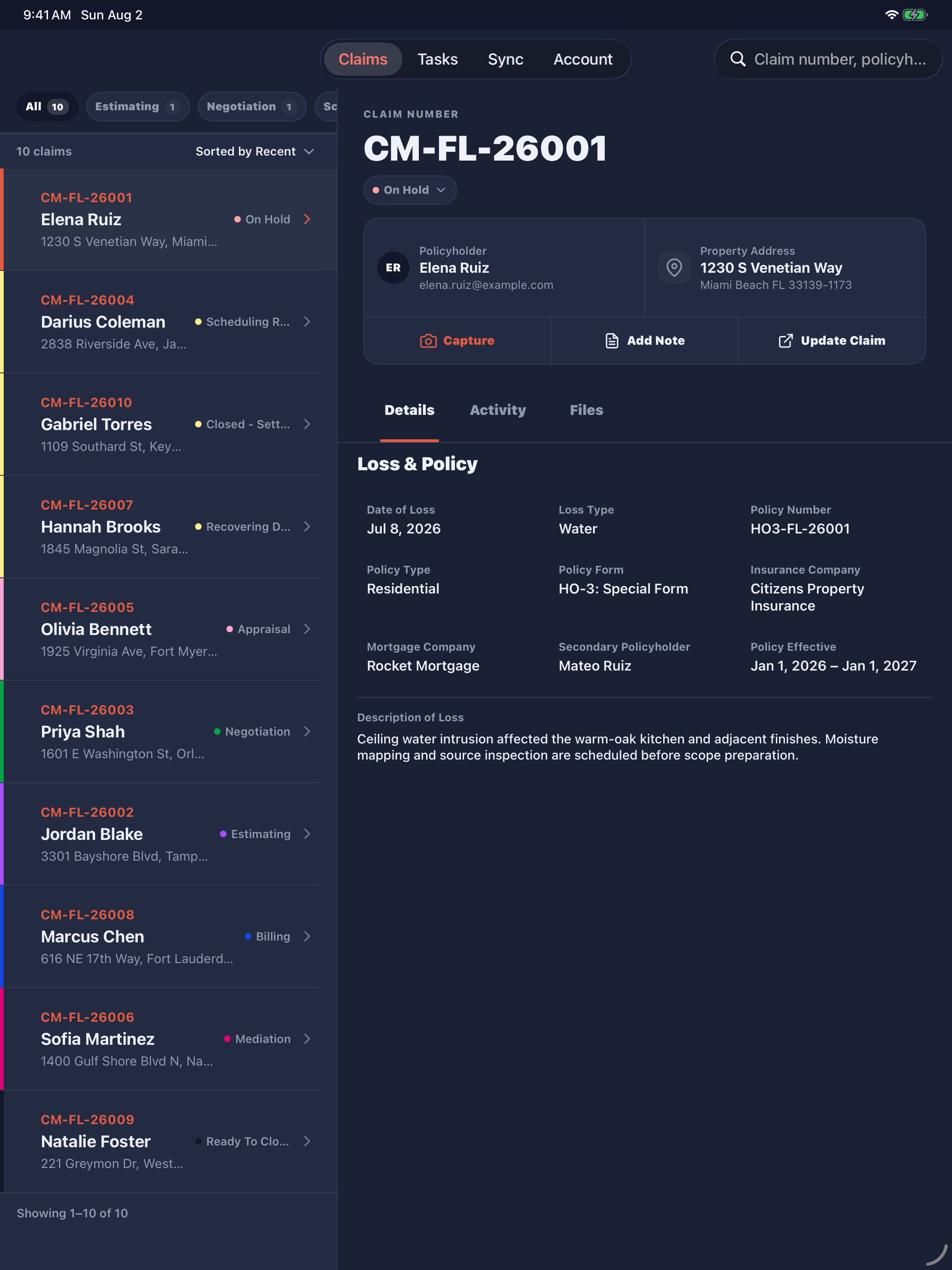Claim Mosaic iPad app with the claims list beside a claim’s loss and policy details
